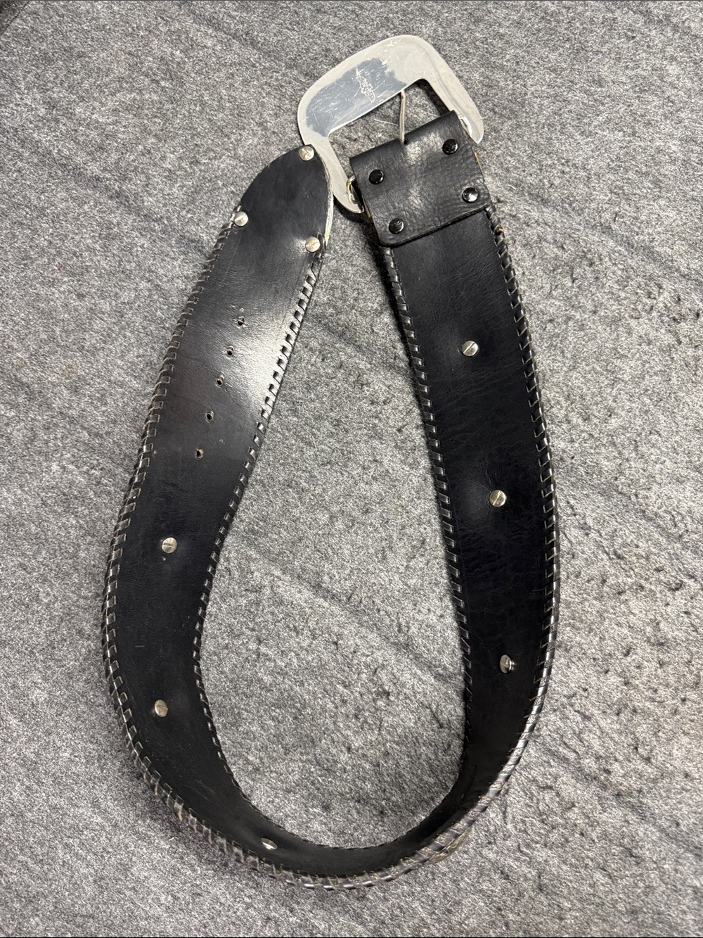 “VINTAGE”. Big AL Vintage Western Black Leather Belt with Silver Engraved Buckle - Picture 7 of 16